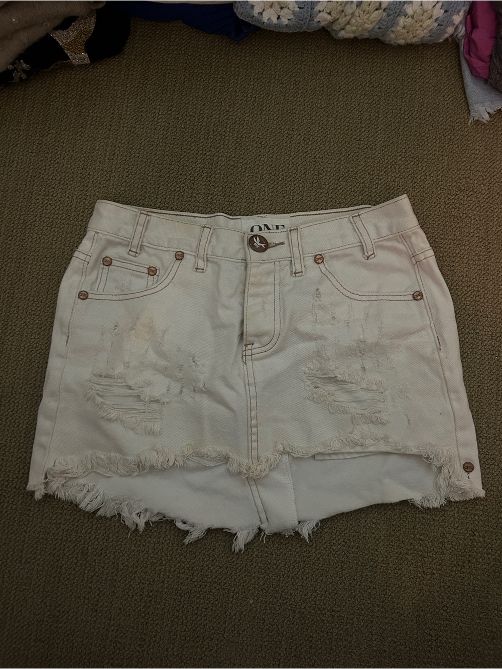 One Teaspoon White Distressed Denim Mini Skirt